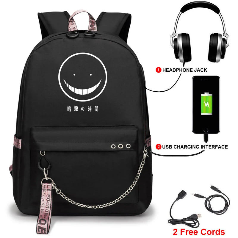 Assassination Classroom Printed USB Backpack With Chain Headphone Port