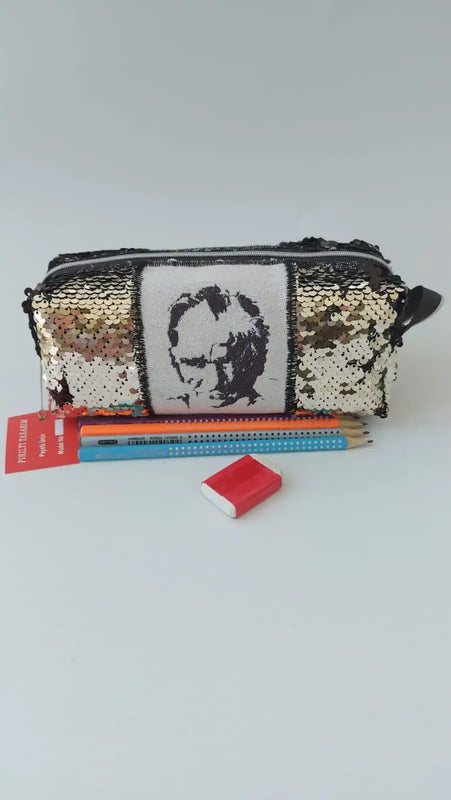 Atat?rk Pattern Grey and Gold Makeup Bag