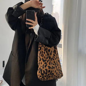 Leopard Print Corduroy Shoulder Bag with Chain Strap