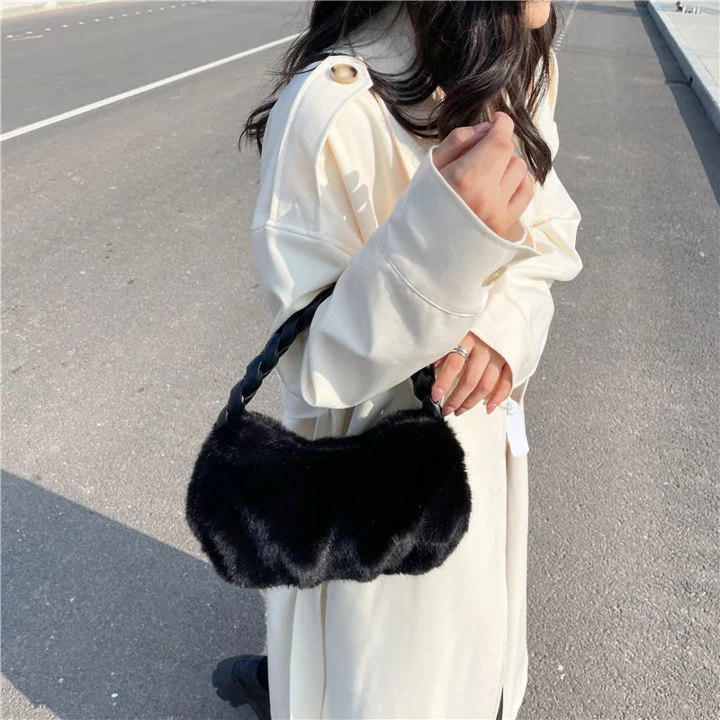 Plush Woven Handbags Women All-match Shoulder Bags