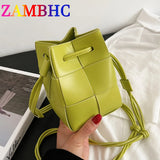 Autumn Weave Small Bucket Bag PU Leather Shoulder Handbag Crossbody Bag