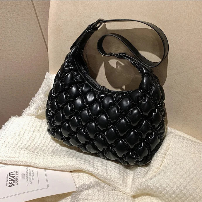 Autumn Ruched Puff Hobo Totes Quilted Pu Leather Ladies Work Bag