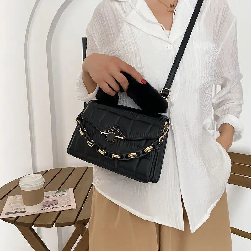 Autumn Chain Diamond Small Square Bag Faux Fur Handbag