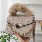 Autumn Chain Diamond Small Square Bag Faux Fur Handbag