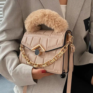 Autumn Chain Diamond Small Square Bag Faux Fur Handbag