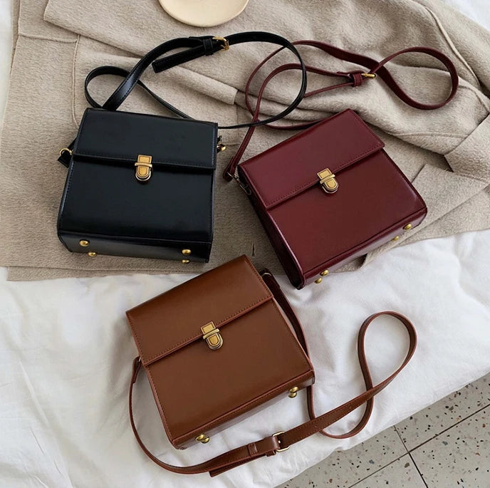 Autumn Vintage Solid Square Bag PU Leather Crossbody Bags For Women