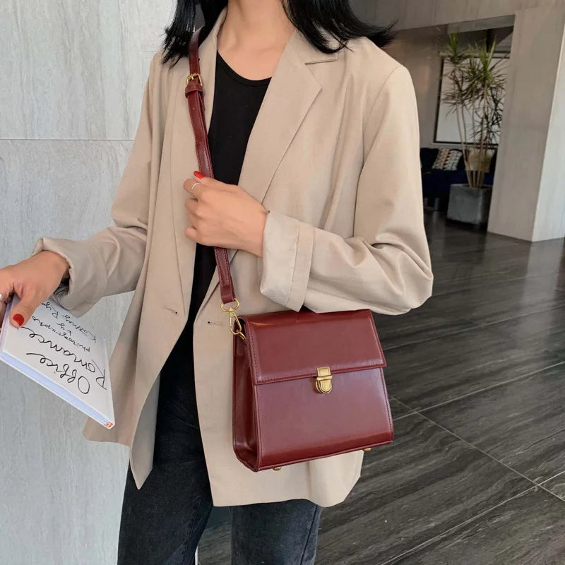Autumn Vintage Solid Square Bag PU Leather Crossbody Bags For Women