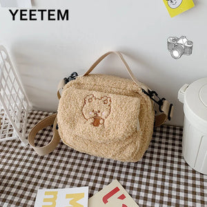 Autumn Winter Lambswool Bear Embroidery Shoulder Bag For Women