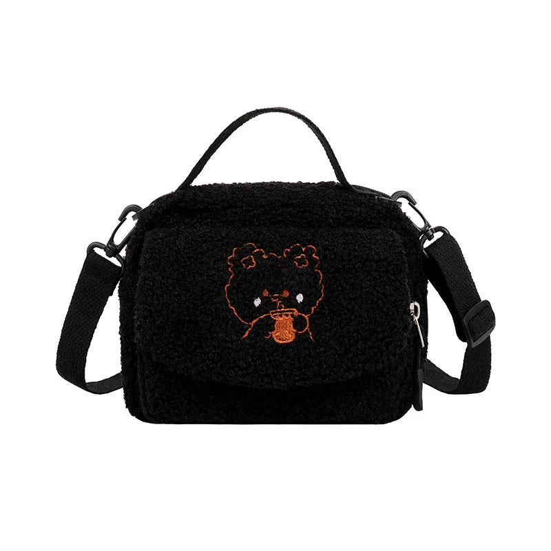 Autumn Winter Lambswool Bear Embroidery Shoulder Bag For Women