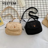 Autumn Winter Lambswool Bear Embroidery Shoulder Bag For Women