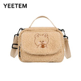 Autumn Winter Lambswool Bear Embroidery Shoulder Bag For Women