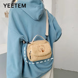 Autumn Winter Lambswool Bear Embroidery Shoulder Bag For Women