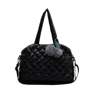 Quilted Crossbody Bag with Pompom Pendant & Large Capacity