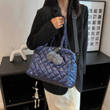 Quilted Crossbody Bag with Pompom Pendant & Large Capacity