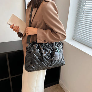Quilted Crossbody Bag with Pompom Pendant & Large Capacity