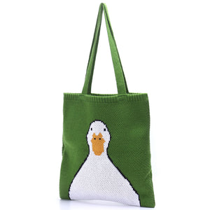 Knitted Women Shoulder Bag Duck Rabbit Cat Pattern Green Tote Bag