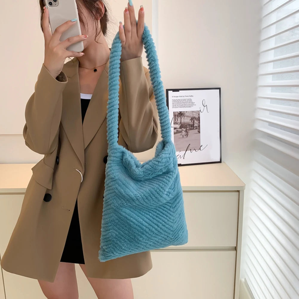 Soft Plush Handbags Fluffy Women's Totes Bags Solid Ladies Shoulder Bags