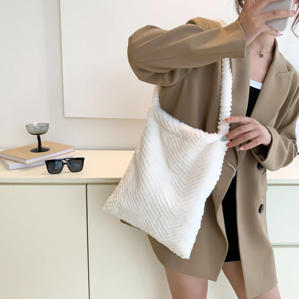 Soft Plush Handbags Fluffy Women's Totes Bags Solid Ladies Shoulder Bags