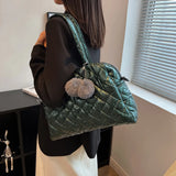 Quilted Shoulder Bag with Pompom Pendant, Large Capacity Messenger Bag