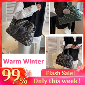 Quilted Shoulder Bag with Pompom Pendant, Large Capacity Messenger Bag