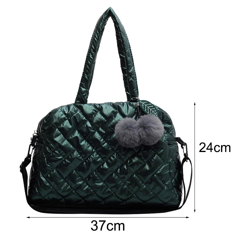 Quilted Shoulder Bag with Pompom Pendant, Large Capacity Messenger Bag