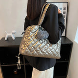 Quilted Shoulder Bag with Pompom Pendant, Large Capacity Messenger Bag