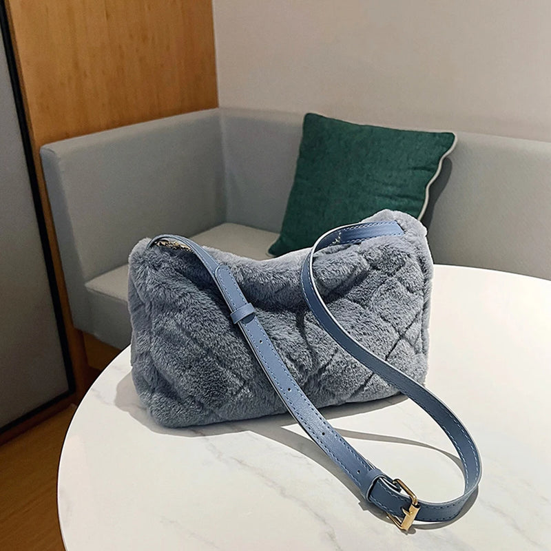 Women's Fluffy Crossbody Bag Rhombus Pattern Soft Adjustable