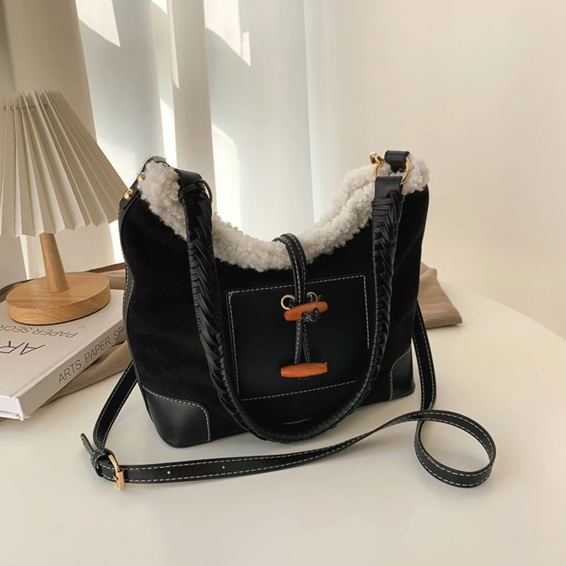 Lamb Wool Messenger Bag Vintage Faux Fur Tote Soft Casual
