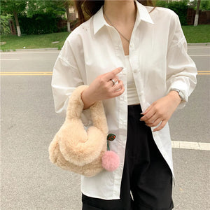 Plush Messenger Bag w/ Pompom Pendant Soft Fur Chain Satchel