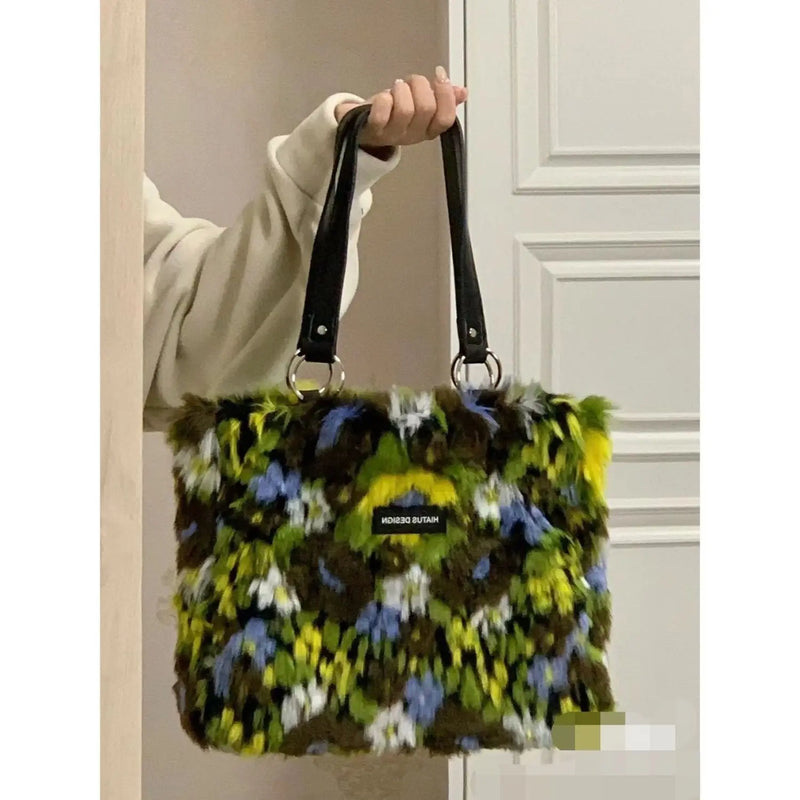 Autumn Winter Y2k Panelled Plush Bag Women Tote Handbag Shoulder Crossbody Bags