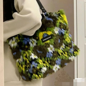 Autumn Winter Y2k Panelled Plush Bag Women Tote Handbag Shoulder Crossbody Bags