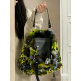 Autumn Winter Y2k Panelled Plush Bag Women Tote Handbag Shoulder Crossbody Bags