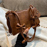 Women Bow PU Leather Underarm Bag Retro Handbag