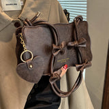 Women Bow PU Leather Underarm Bag Retro Handbag