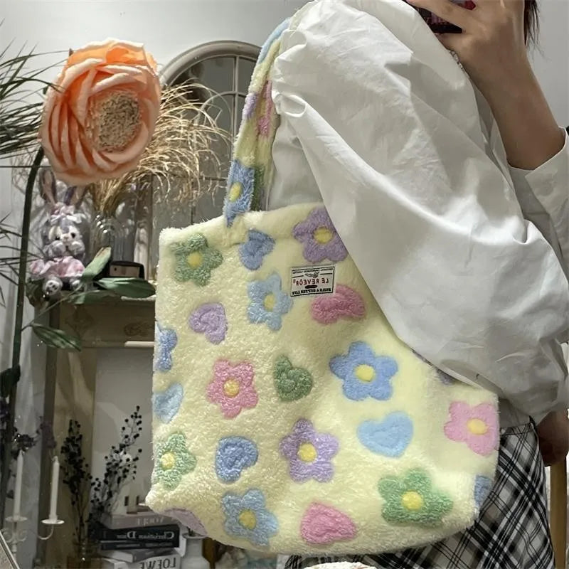 Autumn Winter Women's Flower Print Shoulder Large Capacity Handbag