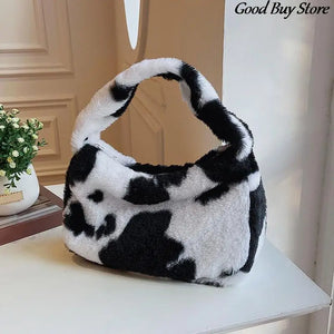 Autumn Winter Plush Handbags Flower Leopard Fluffy Fur Totes