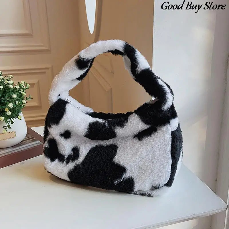 Autumn Winter Plush Handbags Flower Leopard Fluffy Fur Totes