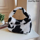 Autumn Winter Plush Handbags Flower Leopard Fluffy Fur Totes
