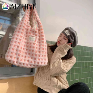 Soft Fleece Shoulder Bag Waffle Plaid Handbag