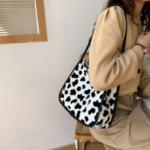 Plush Shoulder Bag Women Casual Print Shopping Tote Handbags