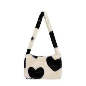 Faux Fur Plush Shoulder Bag Retro Heart Printed Underarm Clutch