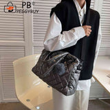 Quilted Shoulder Bag Large Capacity Cotton Handbag Pompom Pendant