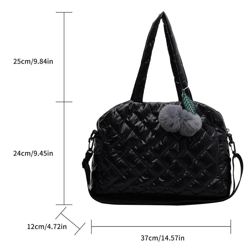 Quilted Shoulder Bag Large Capacity Cotton Handbag Pompom Pendant