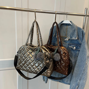 Quilted Shoulder Bag Large Capacity Cotton Handbag Pompom Pendant