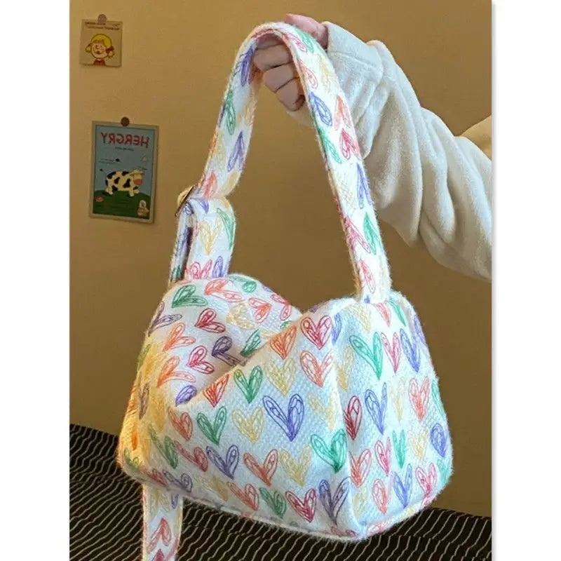 Plush Rainbow Heart Block Women Bag Colorful Shoulder Tote Crosbody Purse