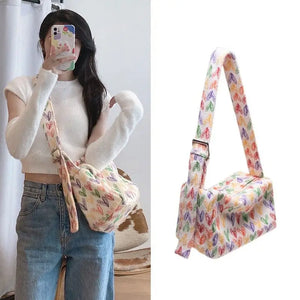 Plush Rainbow Heart Block Women Bag Colorful Shoulder Tote Crosbody Purse