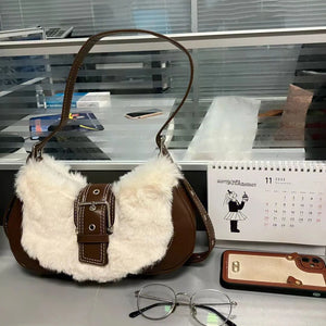 Retro Plush Pu Leather Women's Bag High Capacity Shoulder Handbag