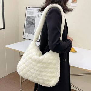 Soft Plush Casual Hand Bags Women Fluffy Solid Rhombus Pattern Lady Daily Satche