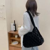 Soft Plush Casual Hand Bags Women Fluffy Solid Rhombus Pattern Lady Daily Satche