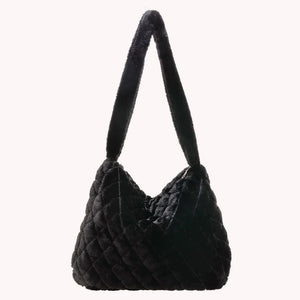 Soft Plush Shopper Bag Casual Women Purses Fluffy Solid Rhombus Pattern Satchel